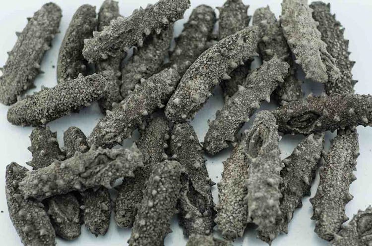 A pile of dried sea cucumbers laid out on a flat, for immune system