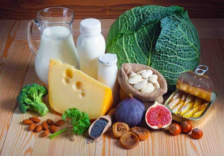 Foods that have high calcium content, including dairy products, sardines, vegetables, nuts, and seeds