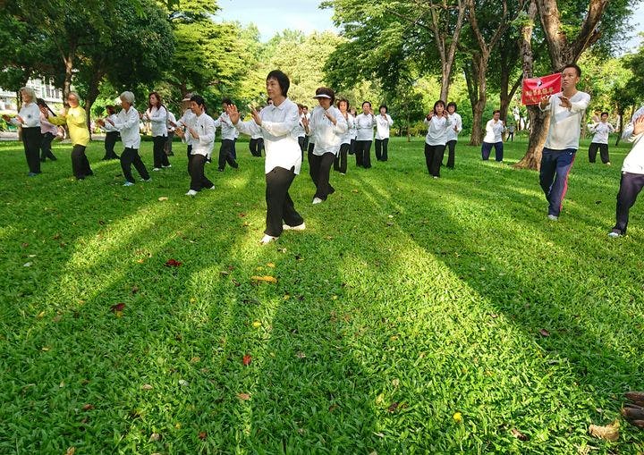 Group of adults of various ages practicing tai chi in a park outside