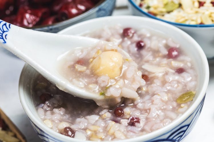 Eight treasure congee, with a focus on lotus seeds close up