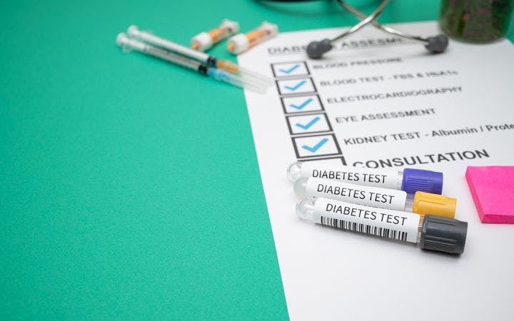 A piece of paper with a checklist, three diabetes test tubes, two syringes and some other objects on a green background.