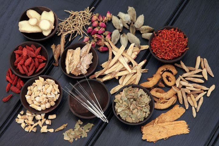 Numerous TCM herbs and acupuncture needles are laid on a wooden surface.