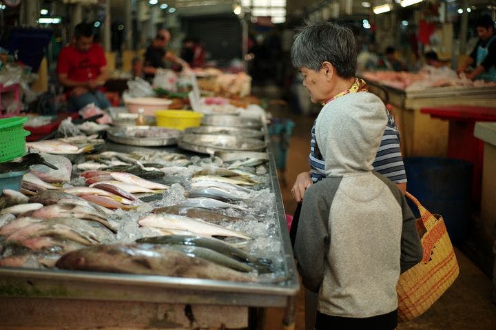 An older woman and child standing next to a wet market stall selling freshly caught fish.