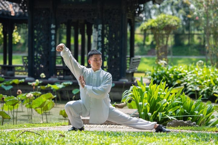 Man in a traditional Chinese outfit practising tai chi in a park.