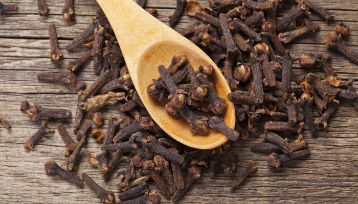 Closeup of cloves in wooden teaspoon on wooden background