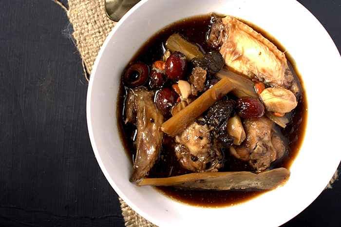 Chinese chicken soup with ginseng, red dates, and other herbs