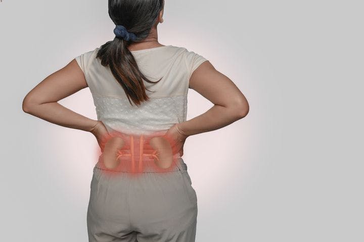Woman facing the other way while holding her middle back with a superimposed illustration of kidneys