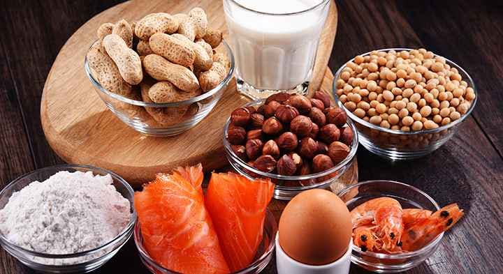 Foods that often cause allergies or intolerances including milk, peanuts, tree nuts, soybean, fish, shellfish, and eggs