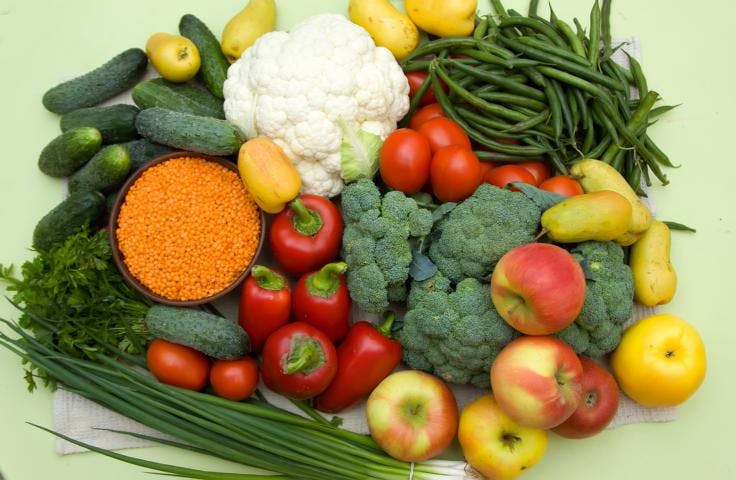 An assortment of healthy vegetables and fruits rich in vitamins and minerals for anti aging