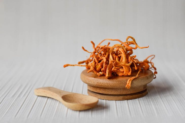 Cordyceps mushroom pictured on top of a wooden lid next to a wooden spoon