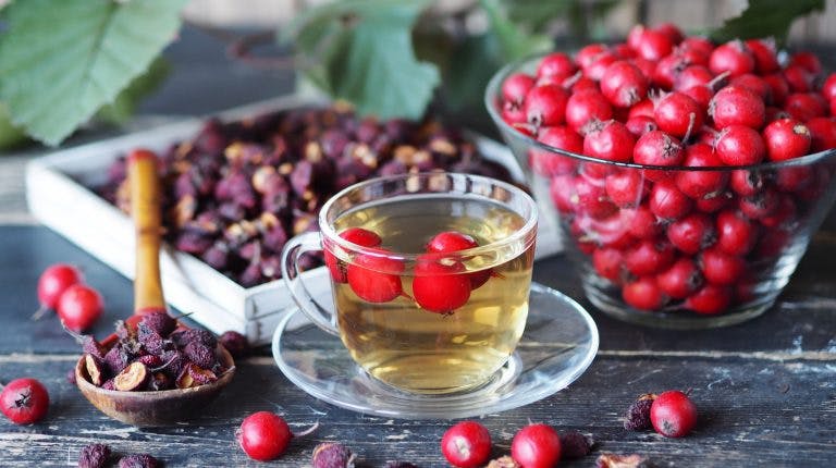 Fresh hawthorn berries in a bowl and a cup of tea, with dried hawthorn berries in the background